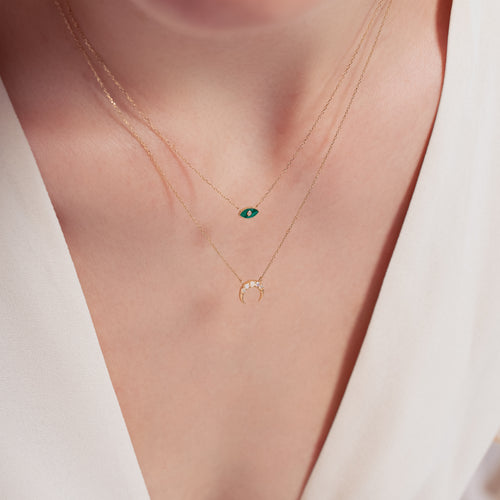 14K Massives Gold Diamant Winzige Malachit Böses Auge Halskette