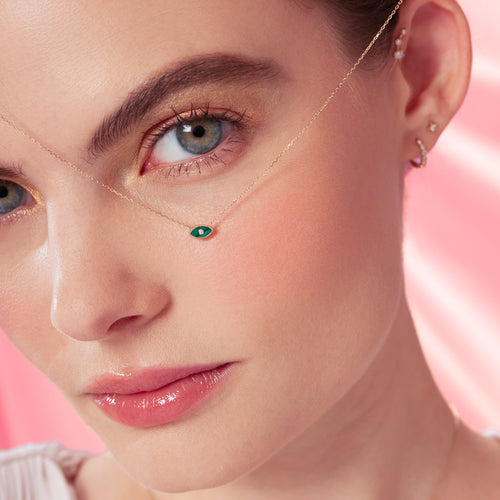 14K Massives Gold Diamant Winzige Malachit Böses Auge Halskette