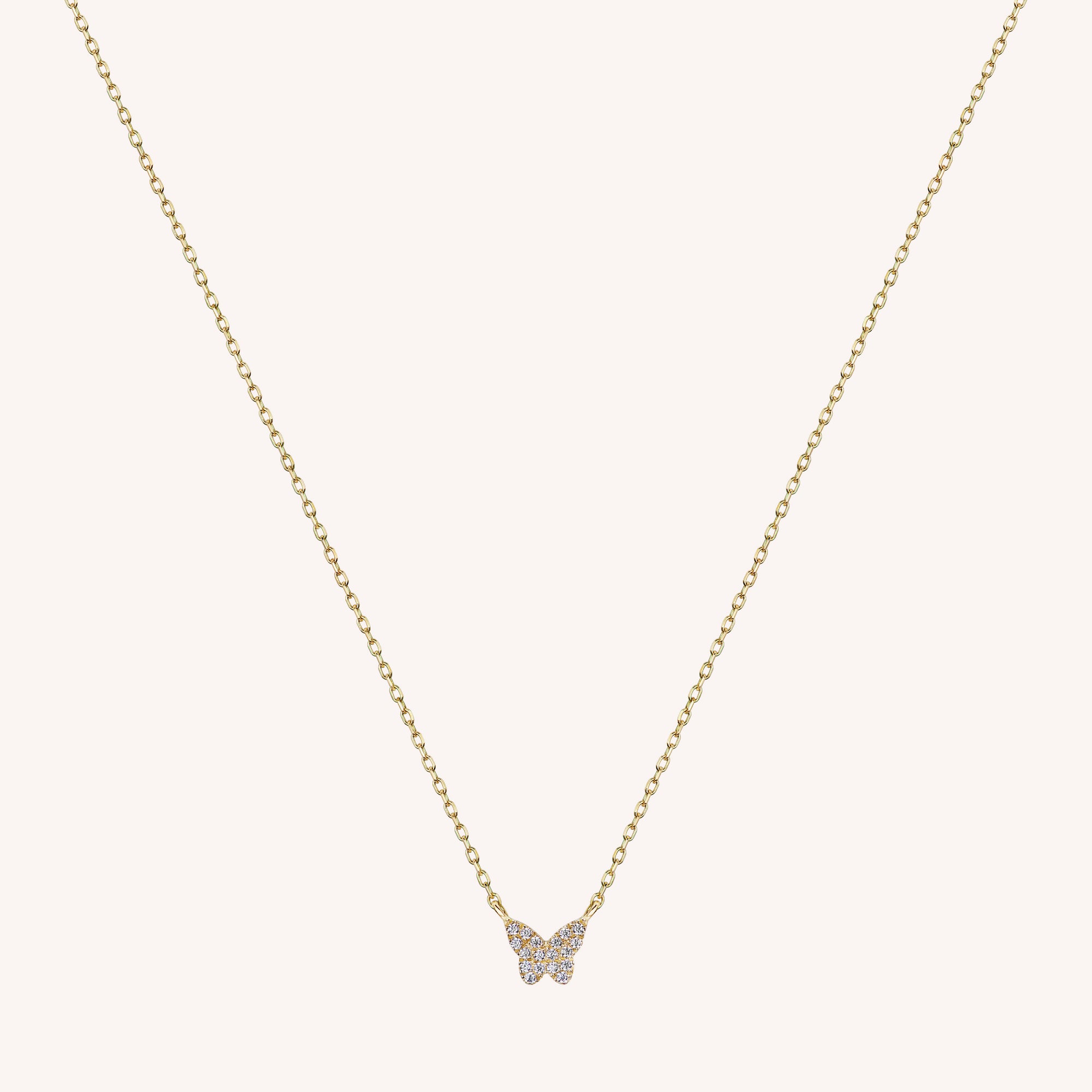 14K Massivt Guld Mini Pavé Diamant Sommerfugle Halskæde