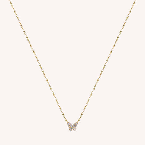 14K Massivt Guld Mini Pavé Diamant Sommerfugle Halskæde