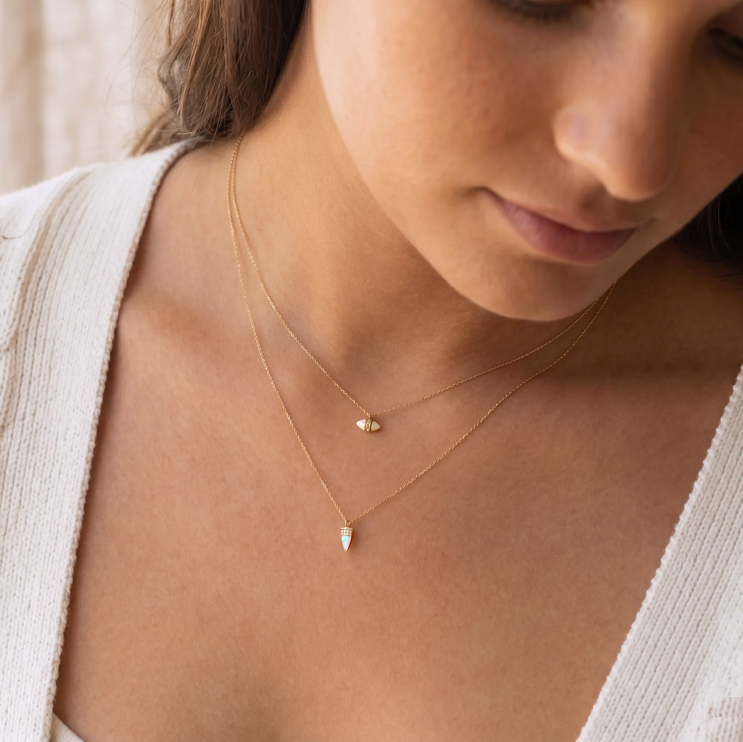 14K Massivt Gull Opal Kule Diamant Halskjede