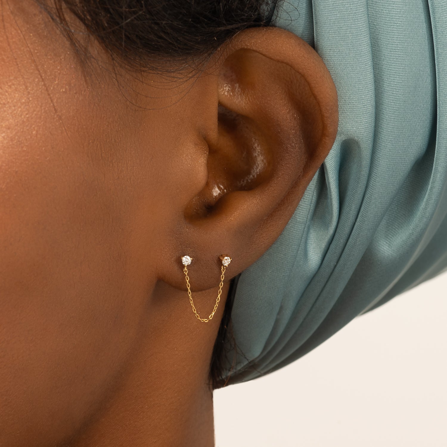 14K massivt guld dobbelt baby diamant kæde ørestik