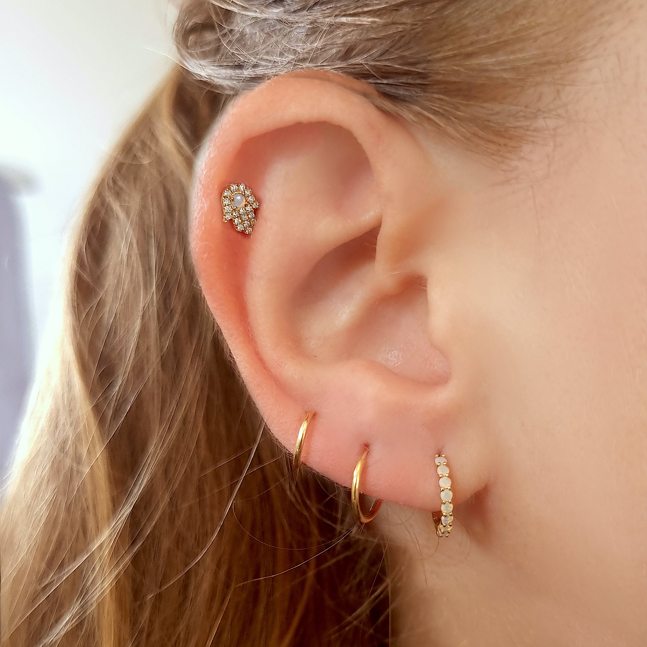 14K Solid Gold Hamsa Diamond Opal Labret Earring – J&CO