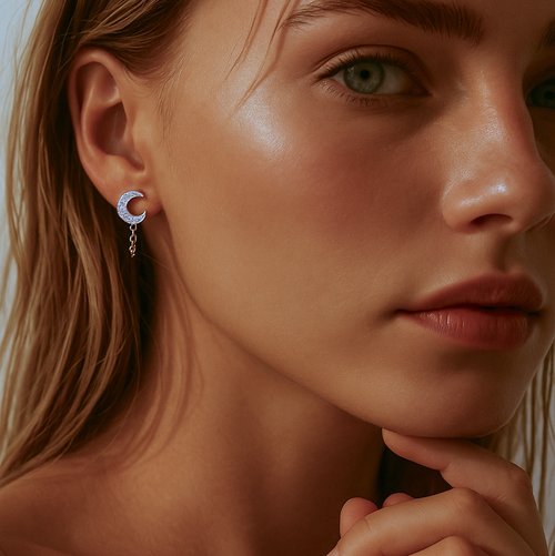 Pave Moon Chain Øreringe med Stift