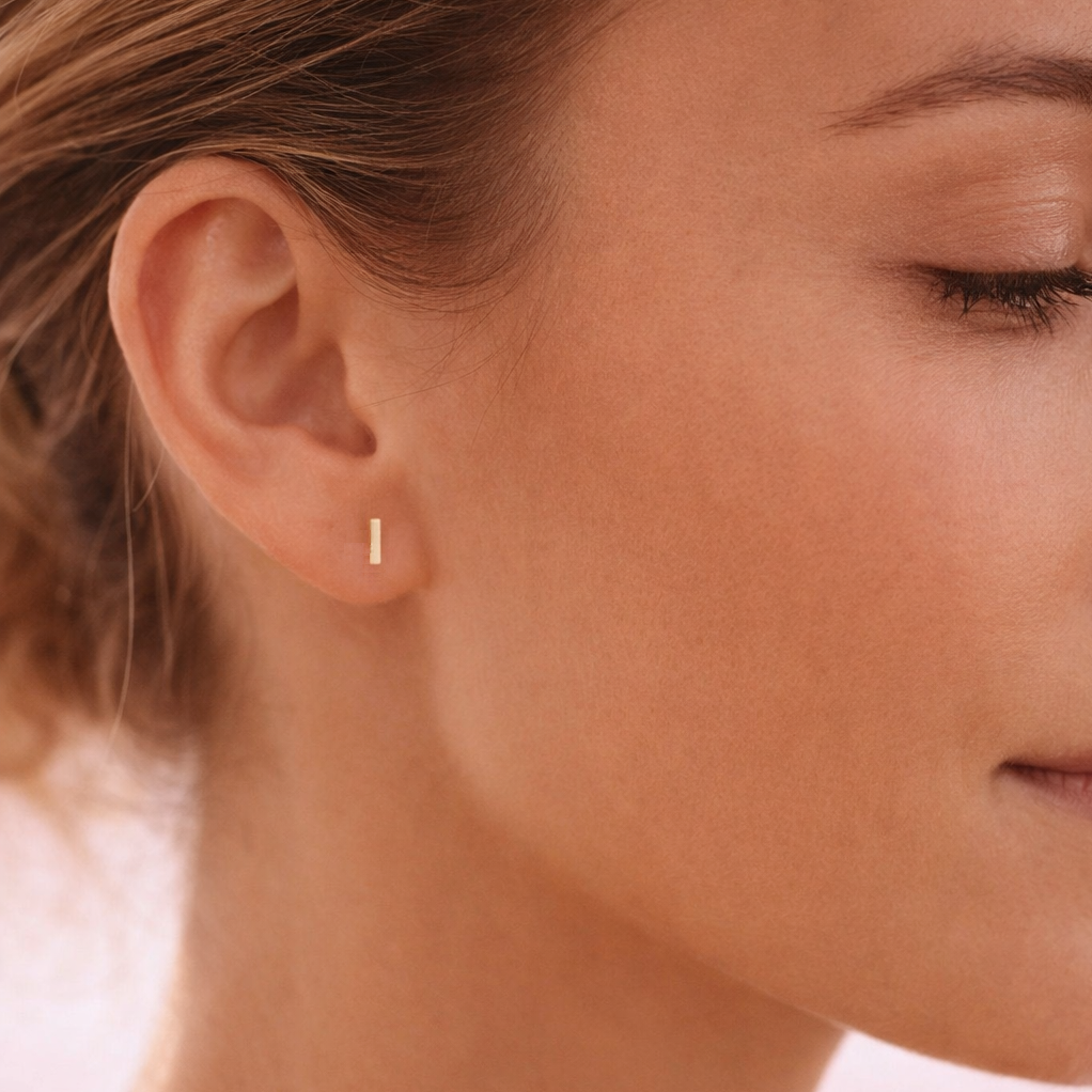 14K Solid Gold Micro Bar Flatback Earring