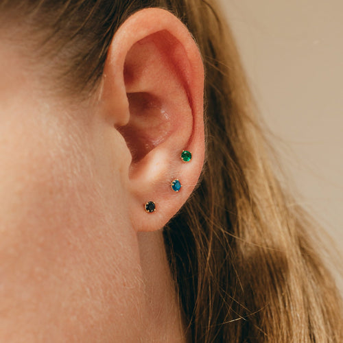 14K Solid Gold Mini CZ Barbell - Blue