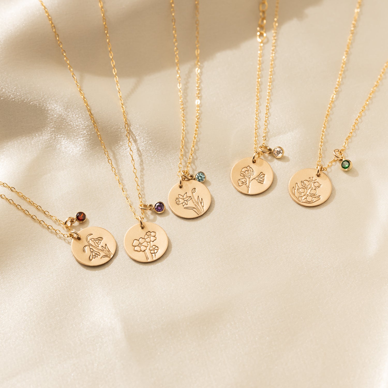 Personalized Birth Flower with Birthstones Bezel Gold Necklace