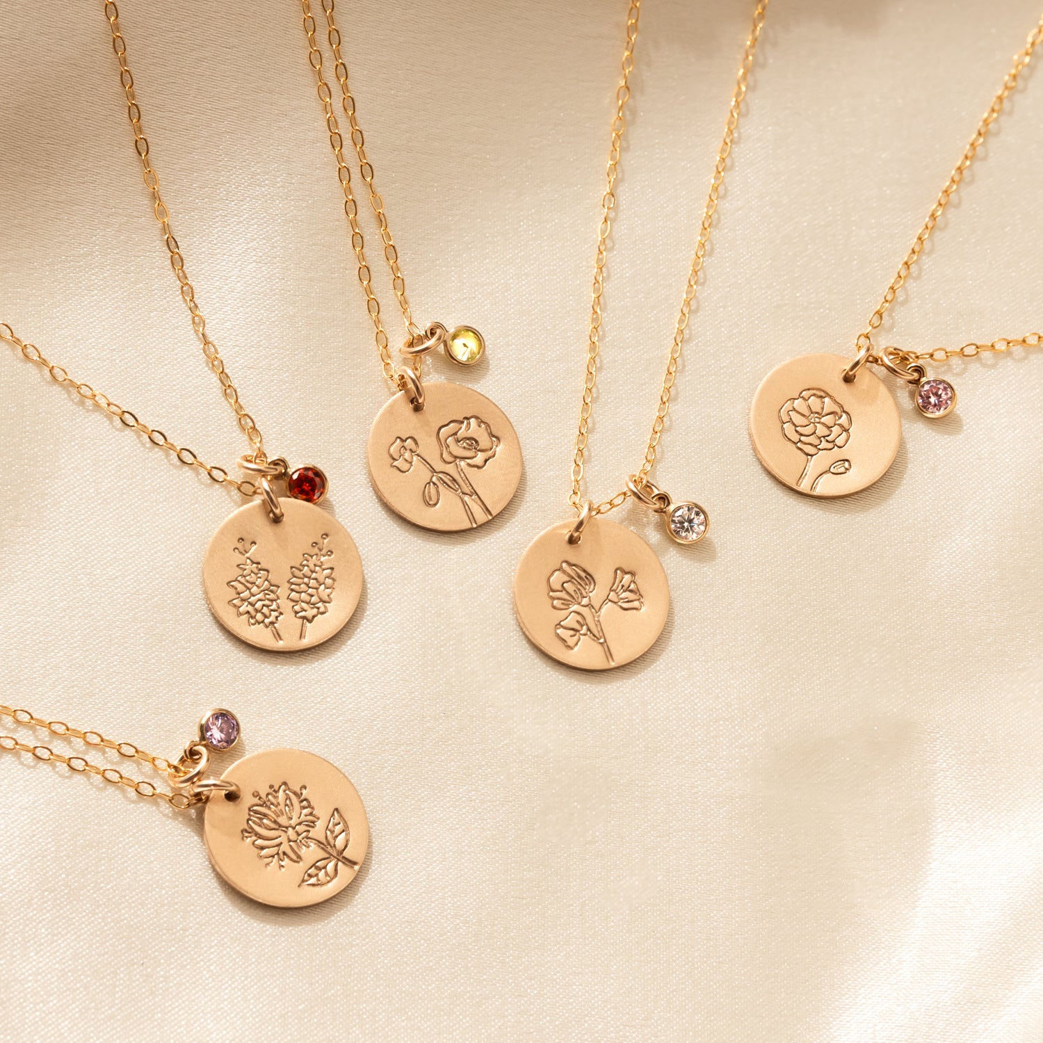 Personalized Birth Flower with Birthstones Bezel Gold Necklace