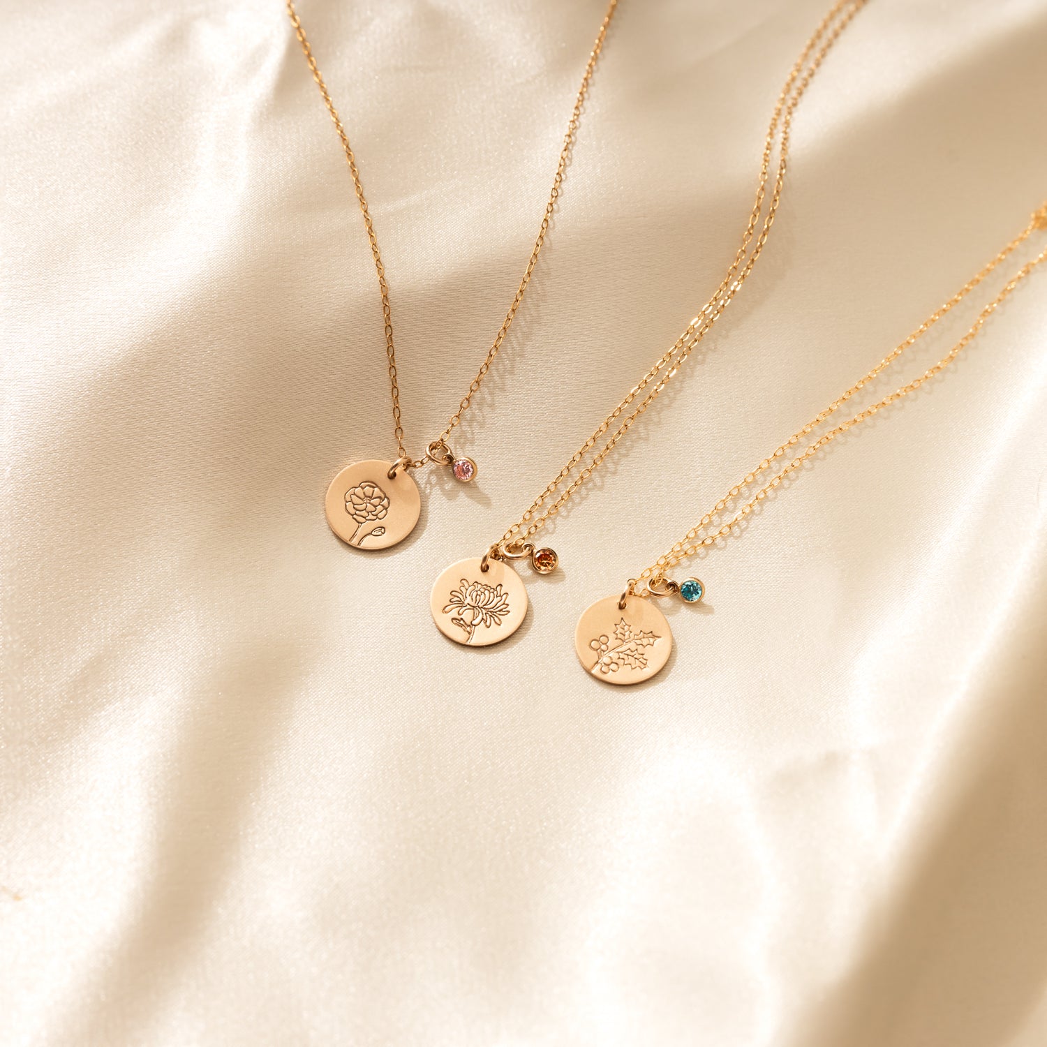 Personalized Birth Flower with Birthstones Bezel Gold Necklace
