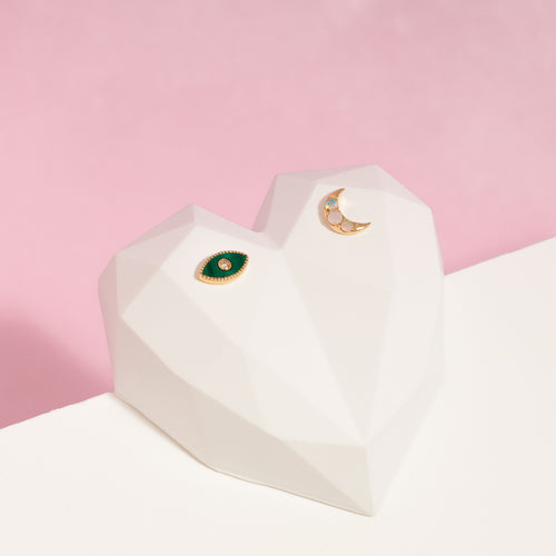 14K Massivgold Diamant Winzige Malachit Böses Auge Flachrückiger Ohrring