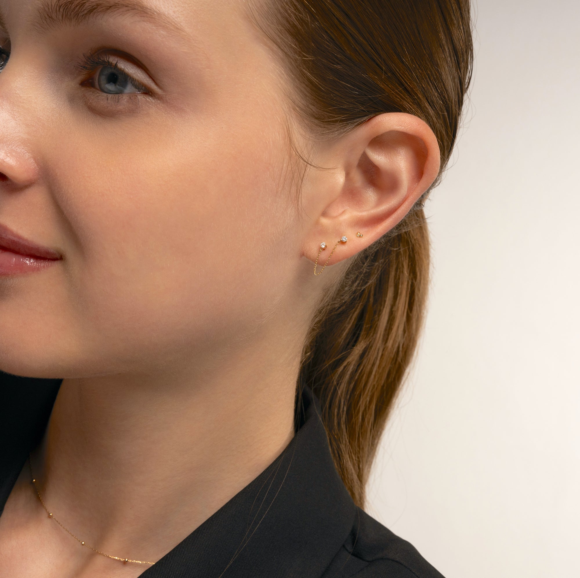 14K massivt guld dobbelt baby diamant kæde ørestik