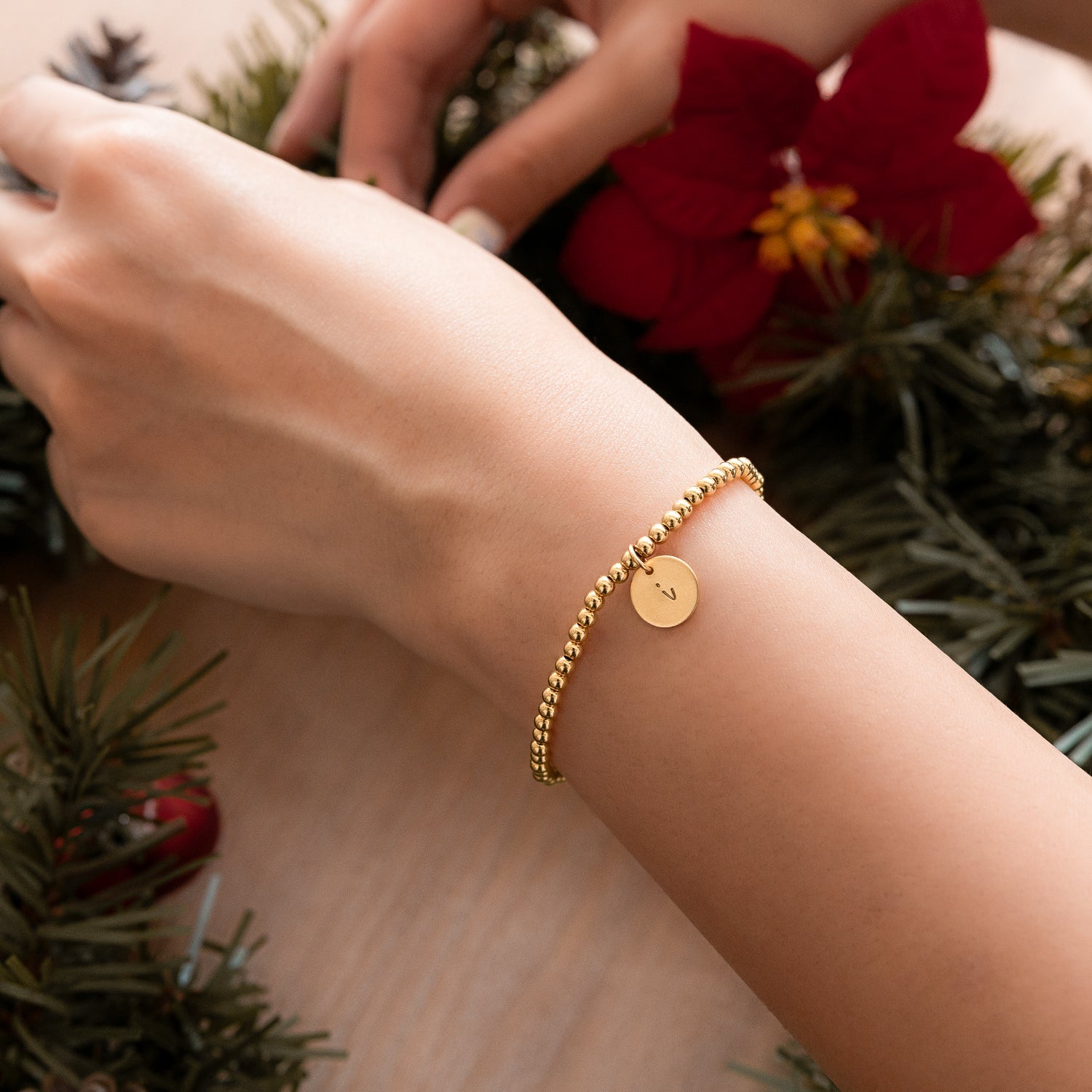 Personlig disk perlearmbånd gull