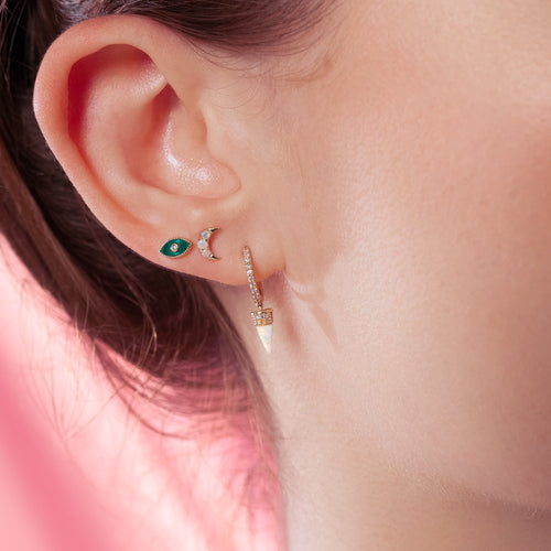 14K Massivgold Diamant Winzige Malachit Böses Auge Flachrückiger Ohrring