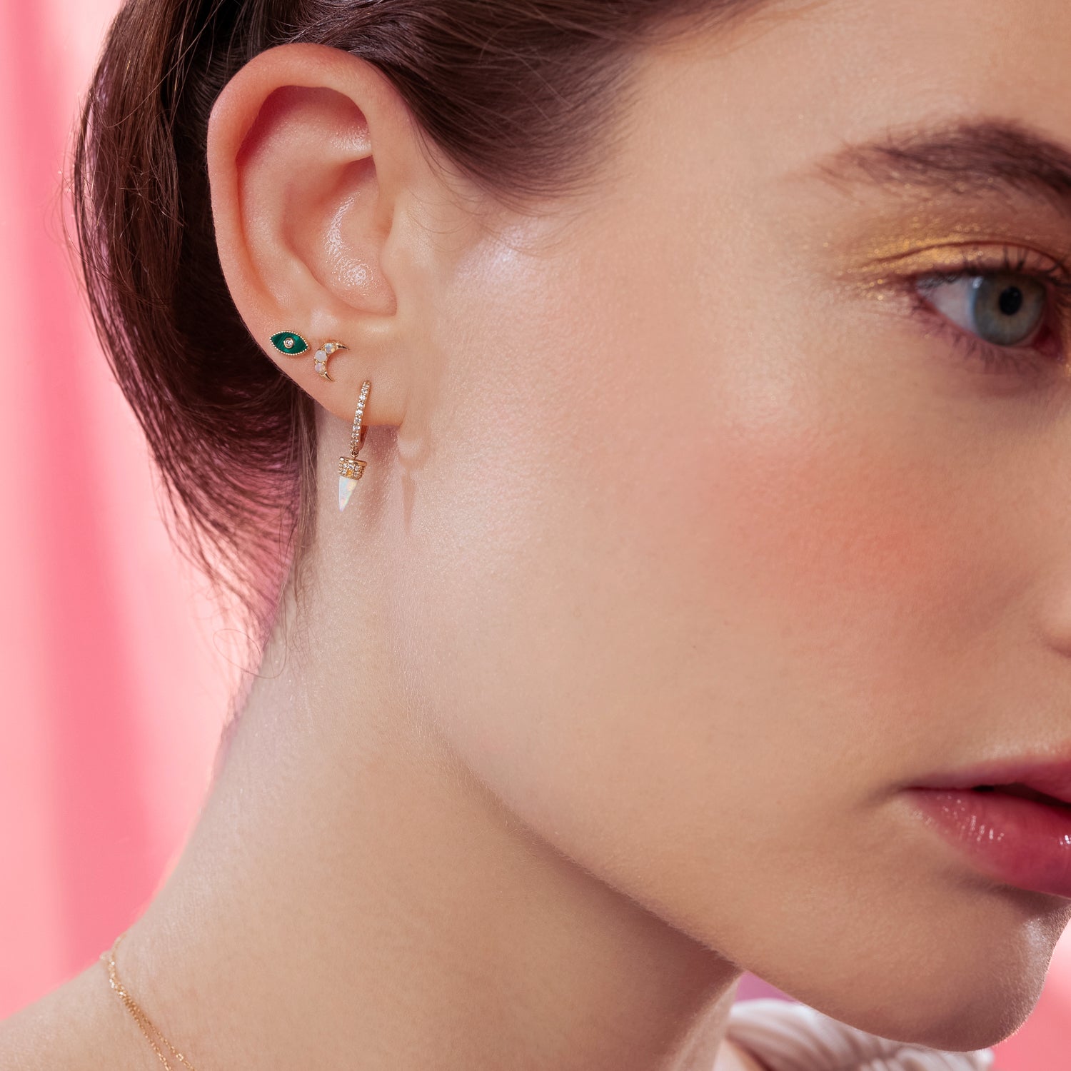 J&CO Jewellery 14K Solid Gold Opal Crescent Moon Flatback Earrings