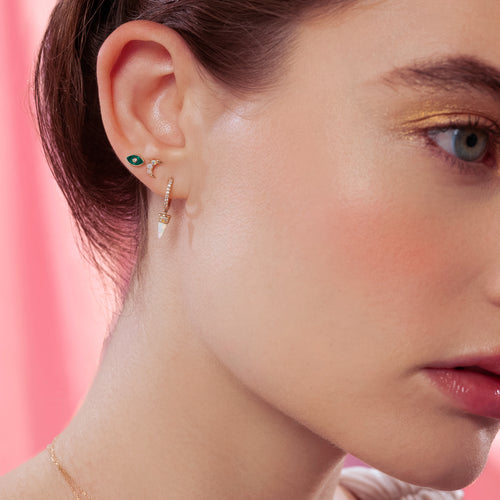 14K Massivgold Diamant Winzige Malachit Böses Auge Flachrückiger Ohrring