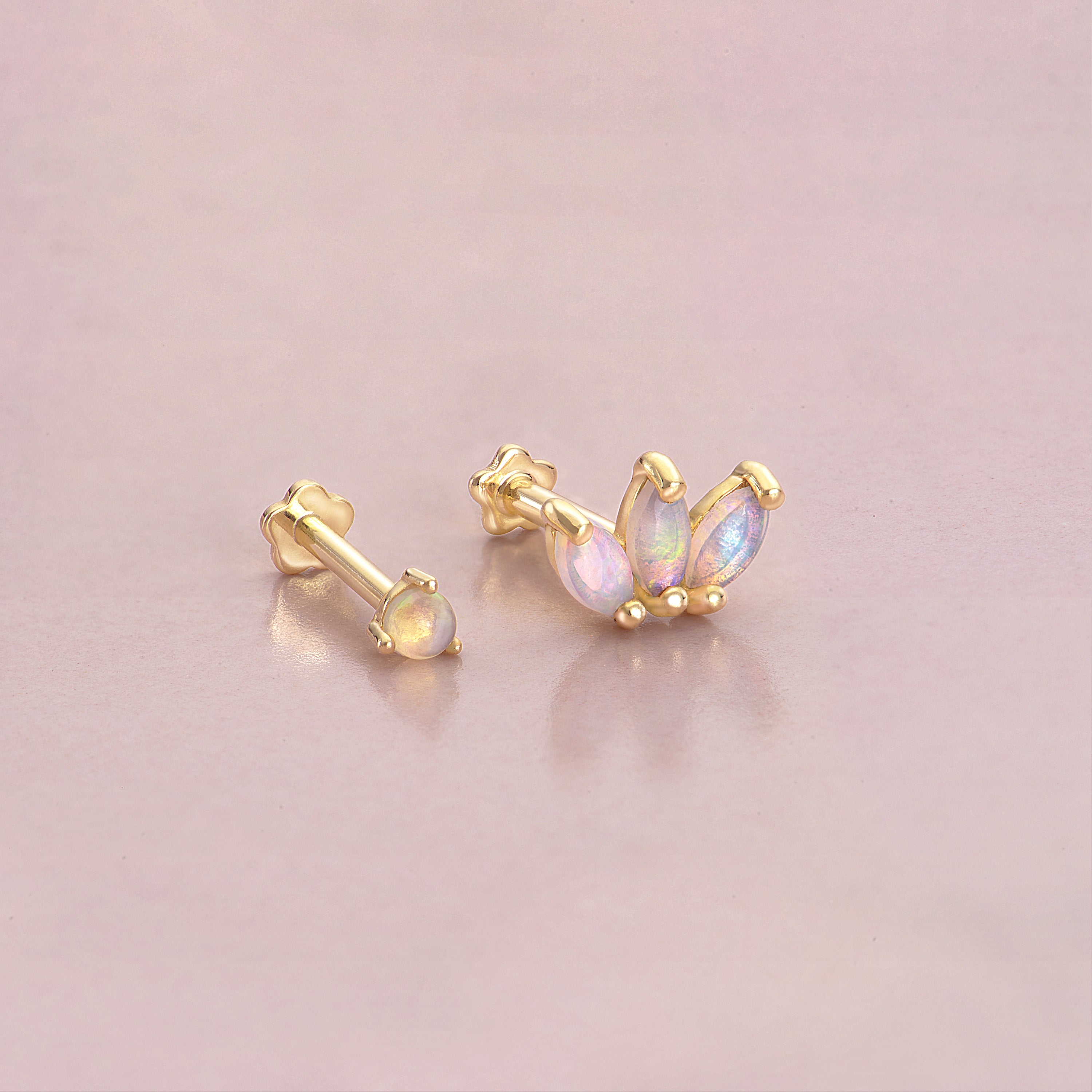 【AMY O】Tiny Trio Flat Back Studs White Opal☆Pair☆(2色)♪ Tiny Opal Flat Back Threaded Screw-on Single Earring for