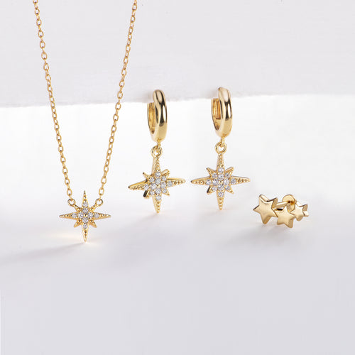 Starburst Earrings & Necklace Set - Gold