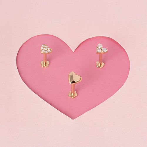 14K Solid Gold Pavé CZ Heart Flatback Earring