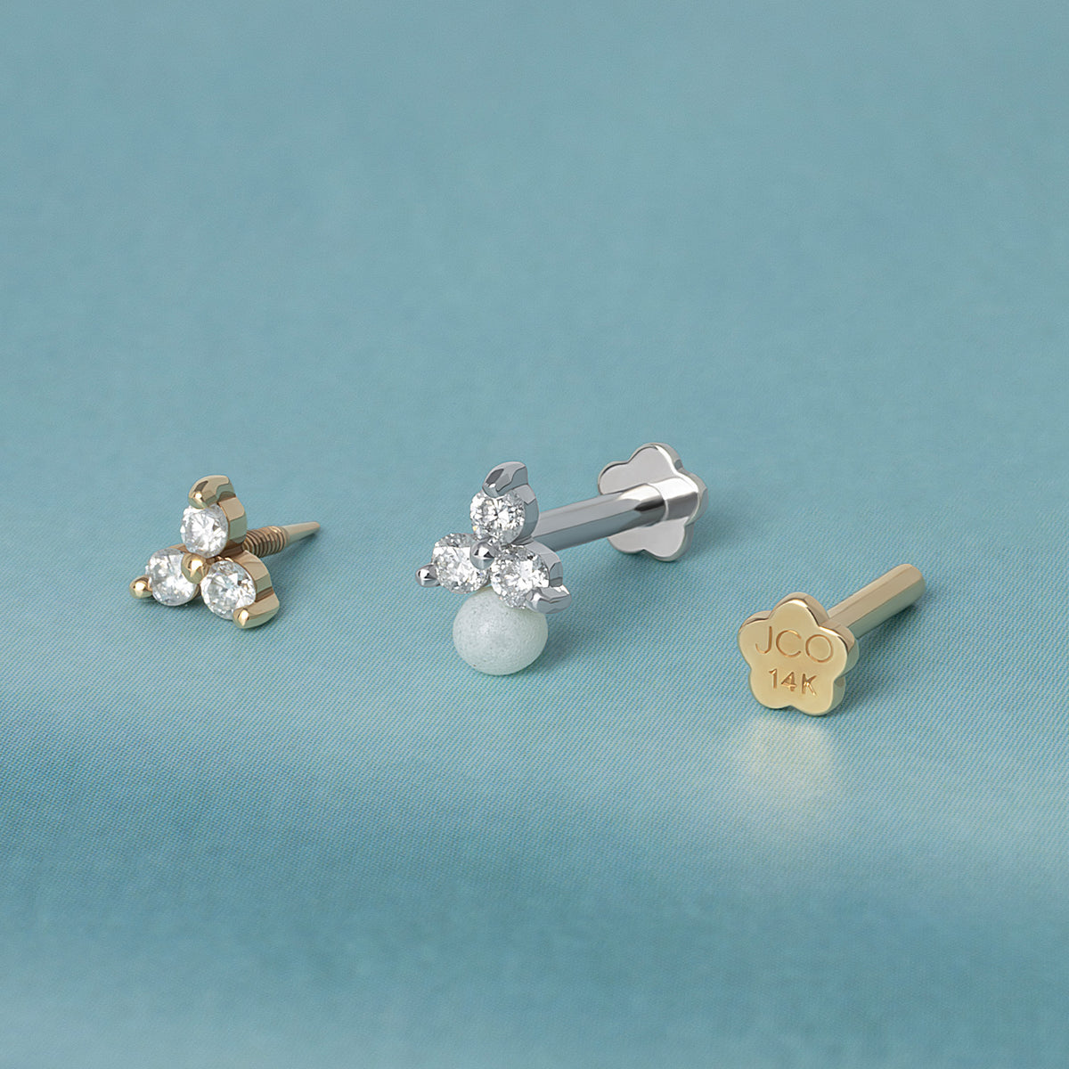 14K Solid Gold Trinity Jewel Threaded Labret Earring