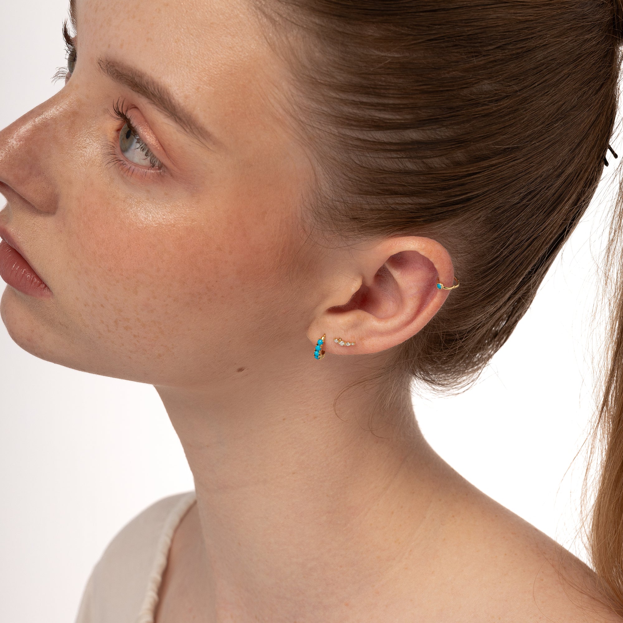 14K Solid Gold Małe Kolczyki Koła z Turkusowym Pave