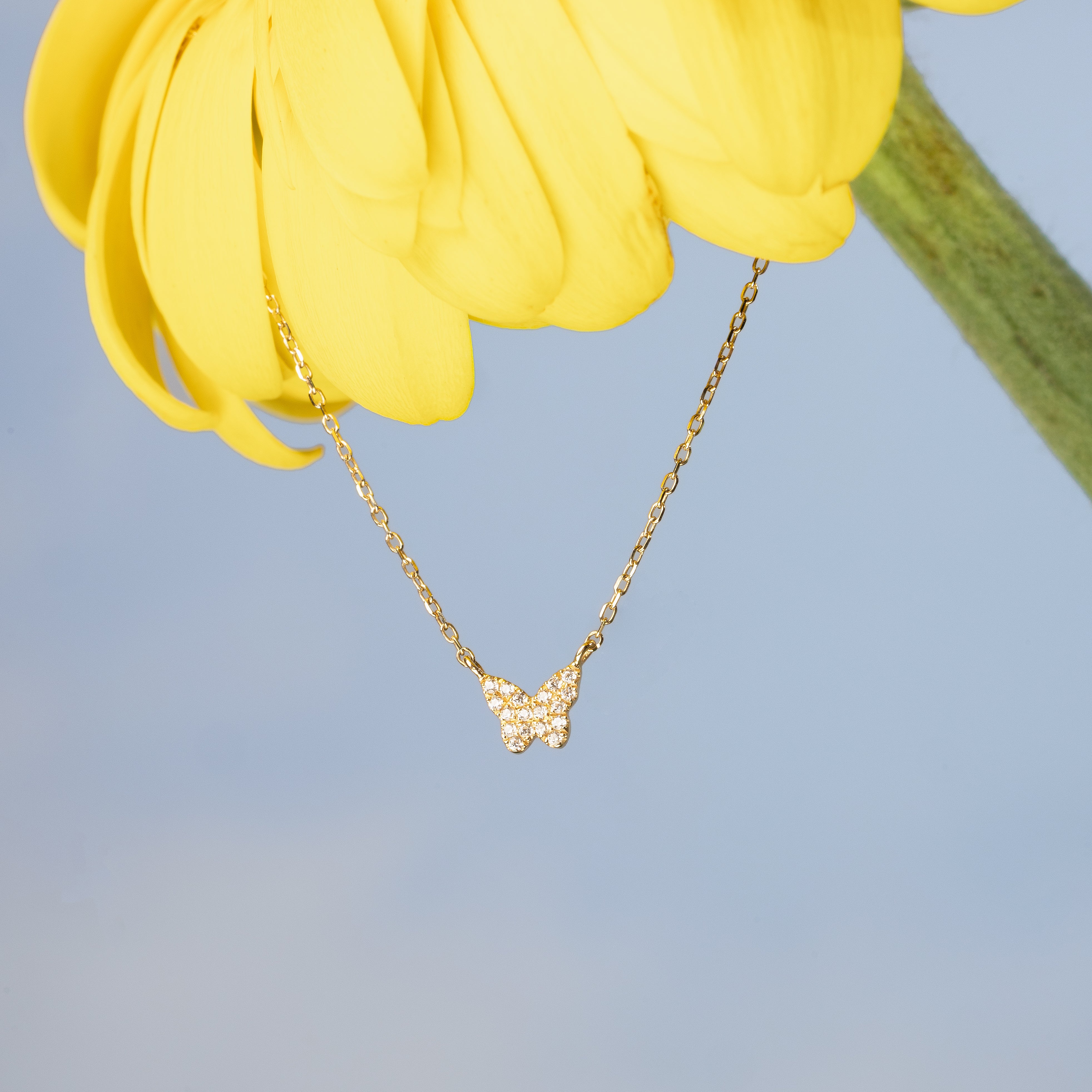 14K Solid Gold Mini Pavé Diamond Butterfly Necklace – J&CO Jewellery