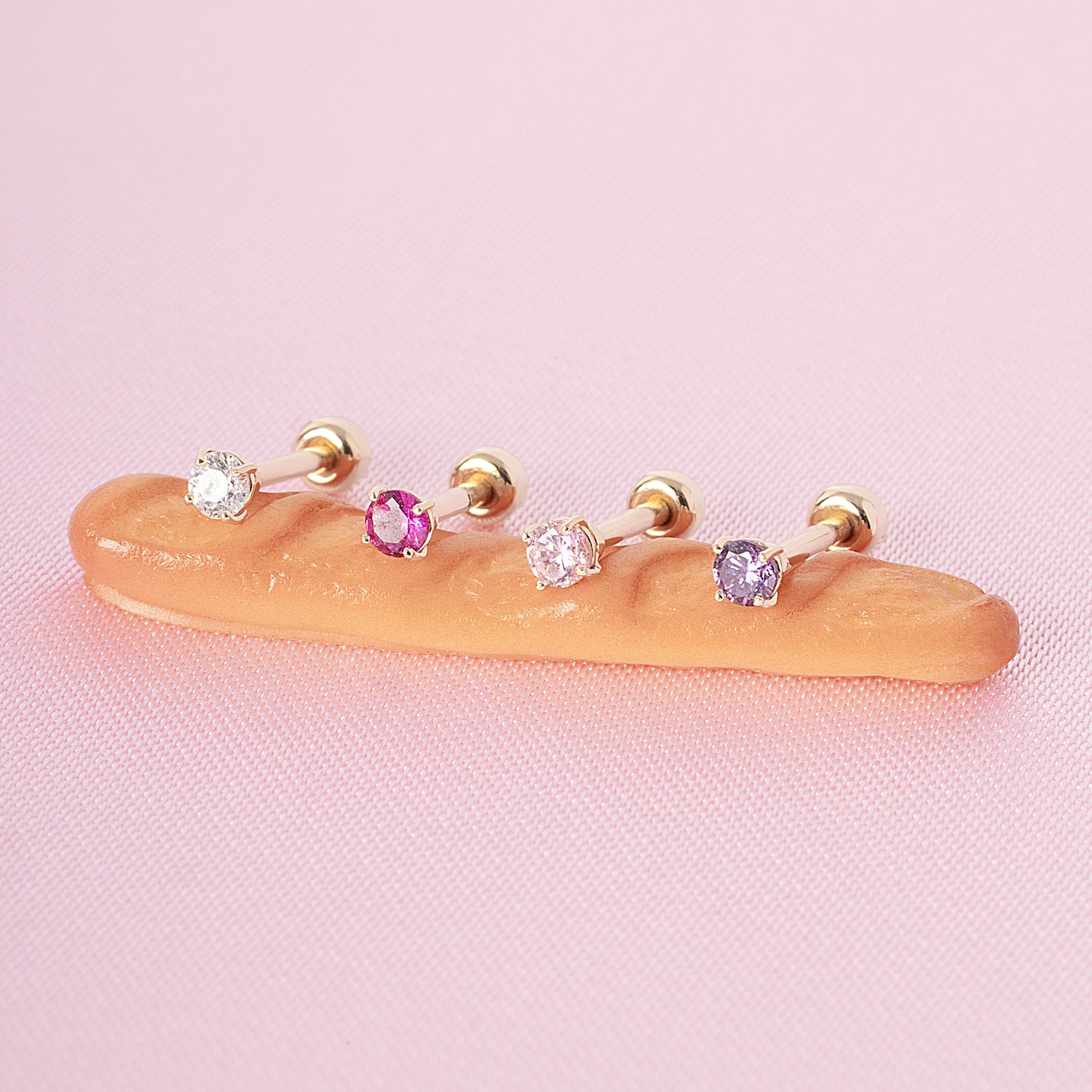 14K Massief Goud Baby CZ Barbell - Paars