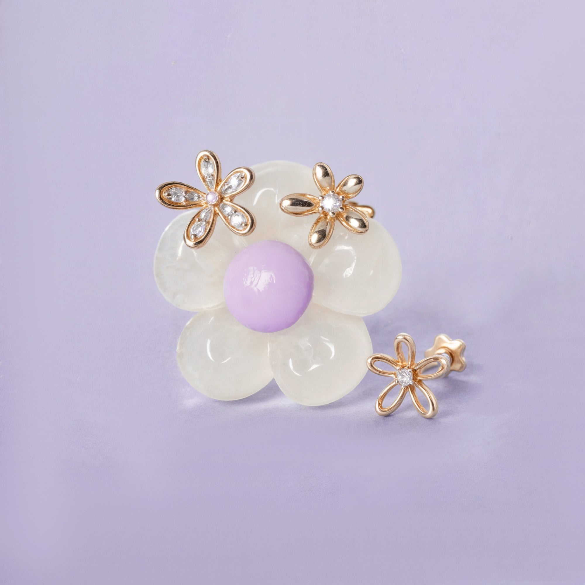 14K Solid Gold Floraison Pav√© Diamond Flatback Earring