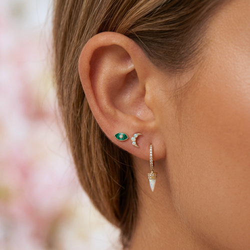 14K Solid Gold Diamond Tiny Malachite Evil Eye Flatback Earring