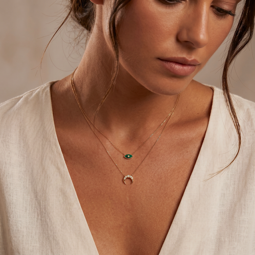 14K Massief Goud Diamant Kleine Malachiet Boze Oog Ketting