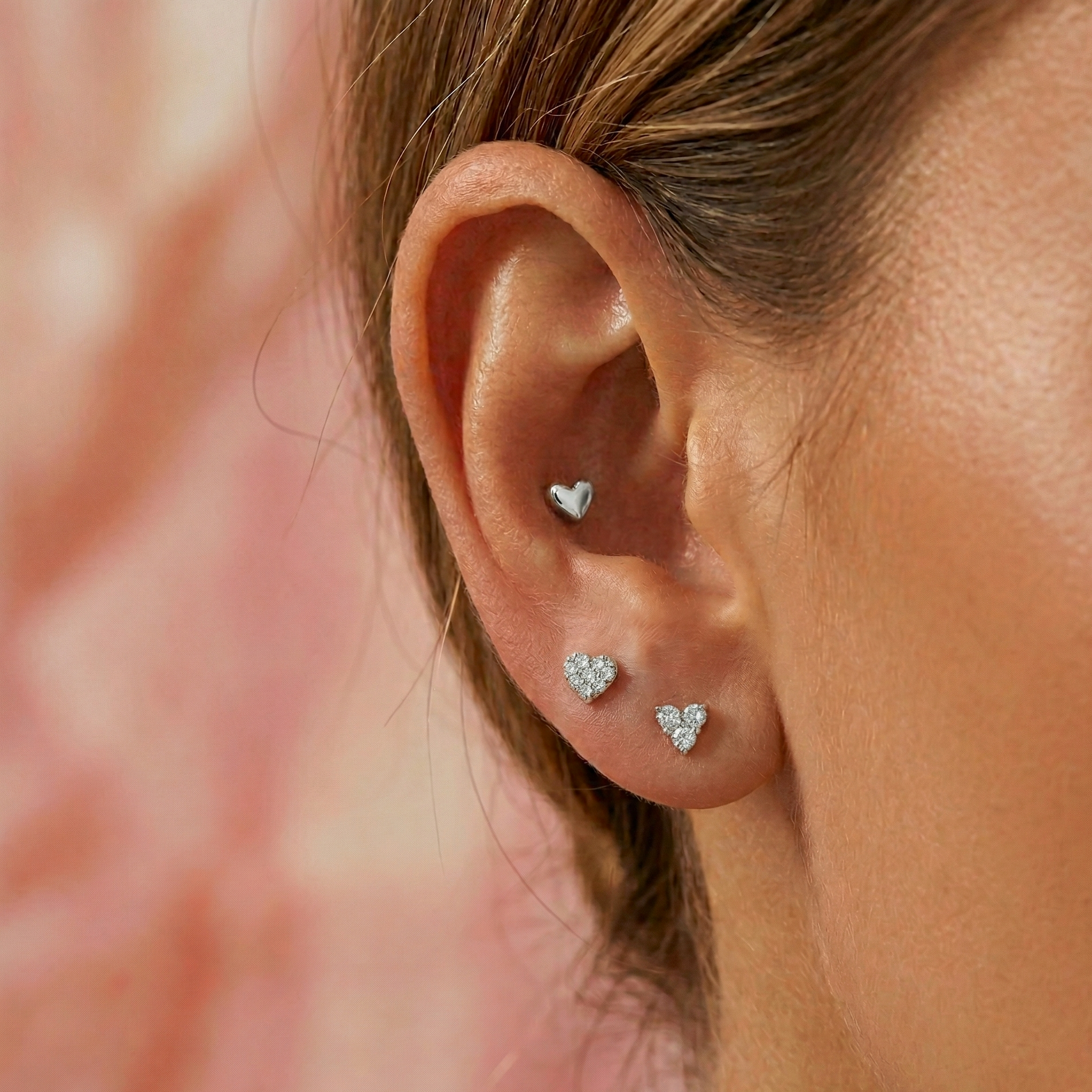 14K Solid Gold Pavé CZ Heart Flatback Earring