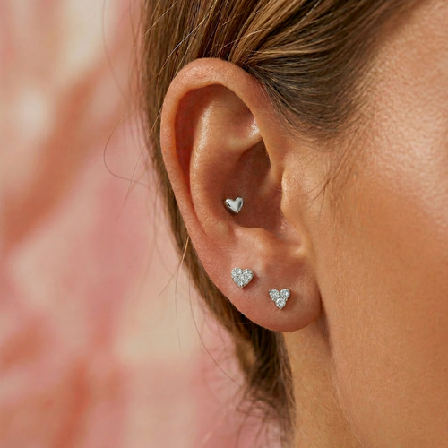 14K Solid Gold Pavé CZ Heart Flatback Earring