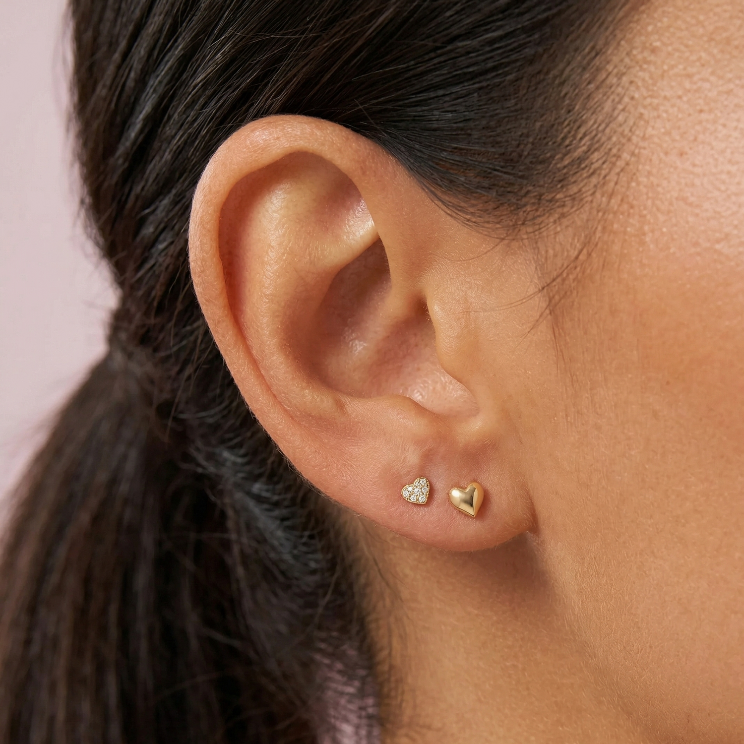 14K Solid Gold Pavé CZ Heart Flatback Earring