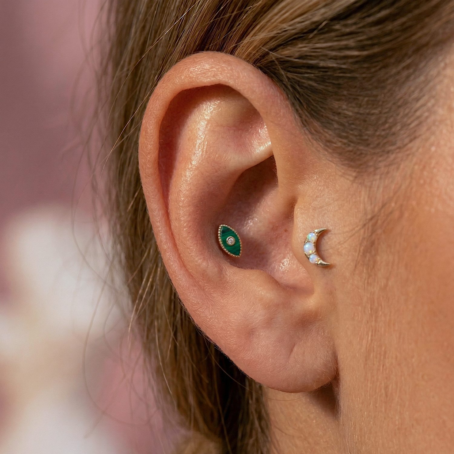 14K Solid Gold Diamond Tiny Malachite Evil Eye Flatback Earring