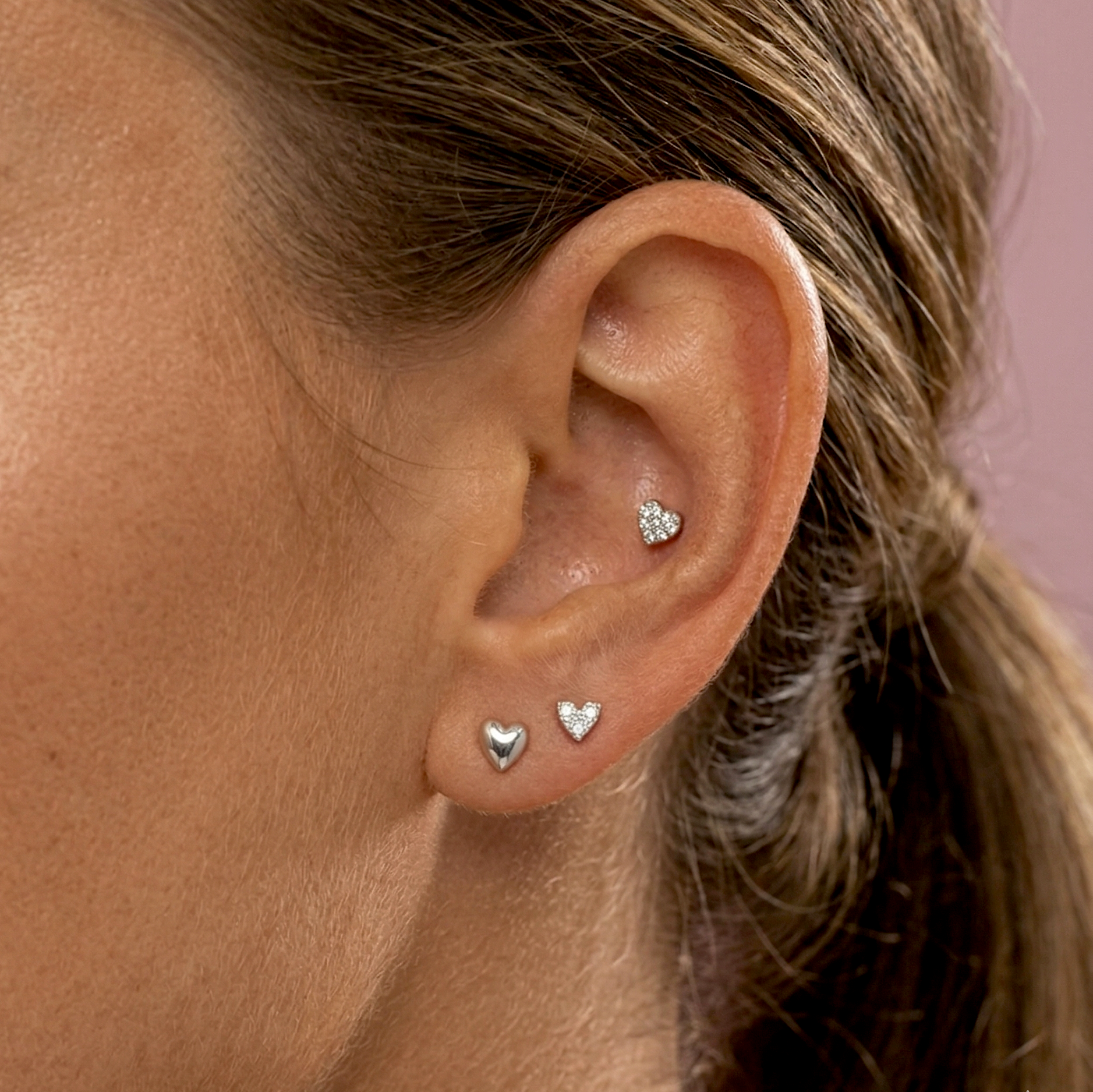 14K Solid Gold Pavé CZ Heart Flatback Earring