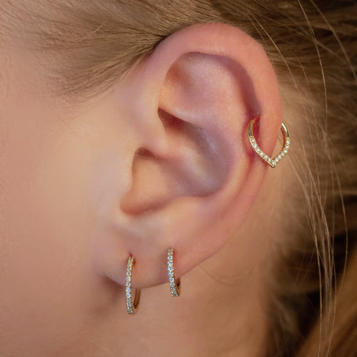 14K Solid Gold V Diamond Hoop Clicker