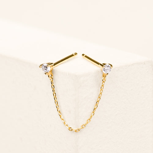 14K Solid Gold Double Baby Diamond Chain Stud Earring