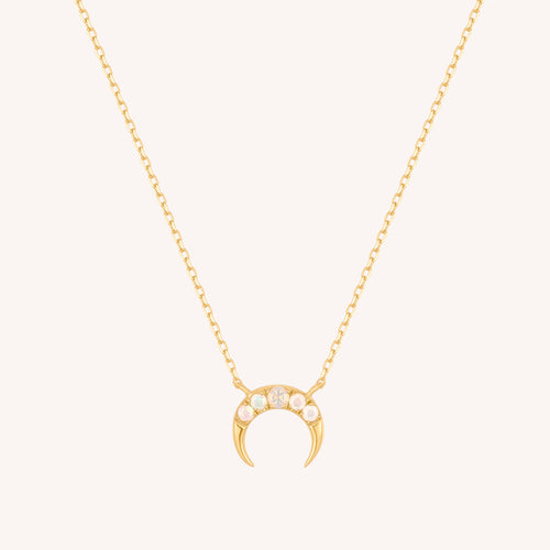 14K Solid Gold Opal Crescent Moon Necklace