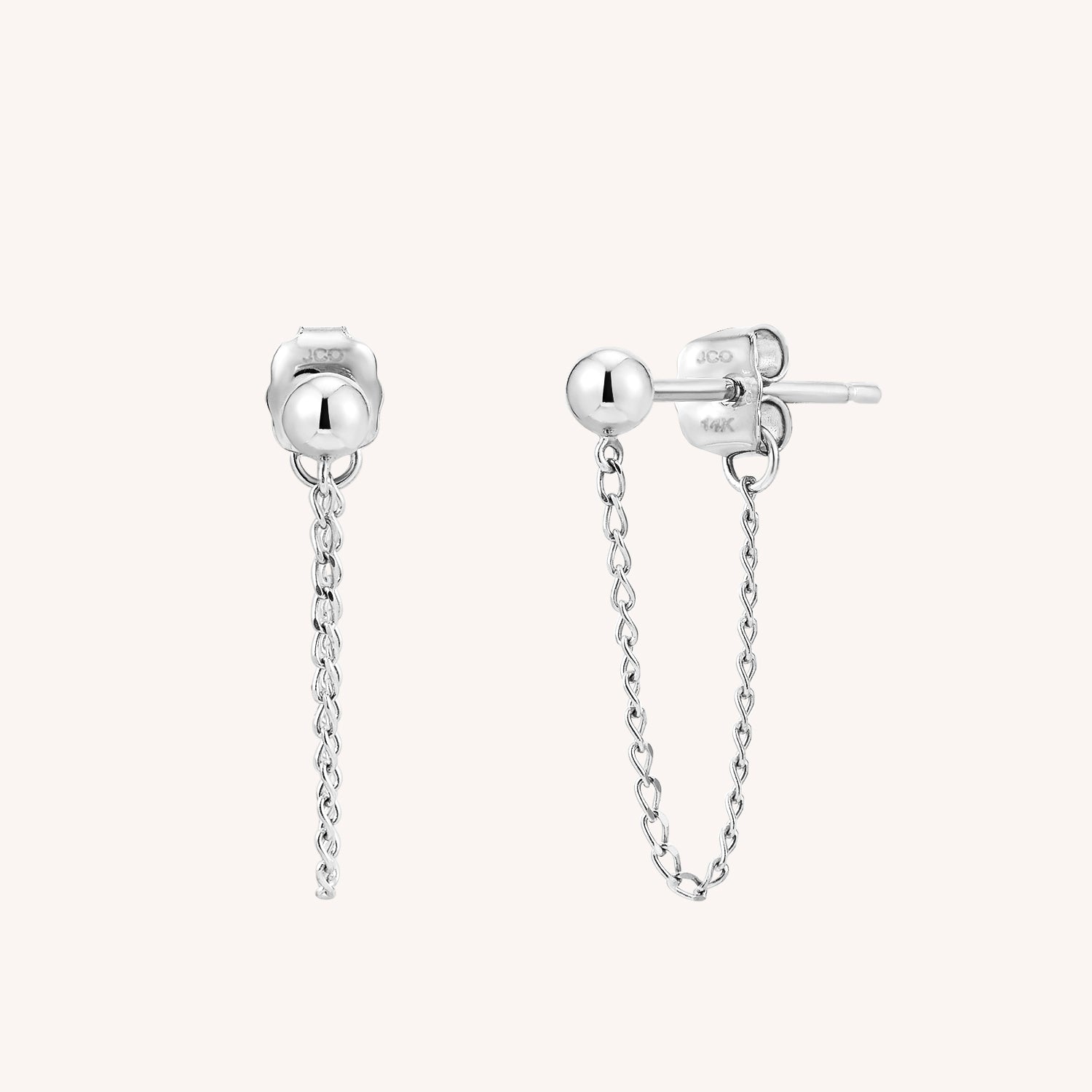 14K ソリッドホワイトゴールド ボールチェーン スタッドピアス