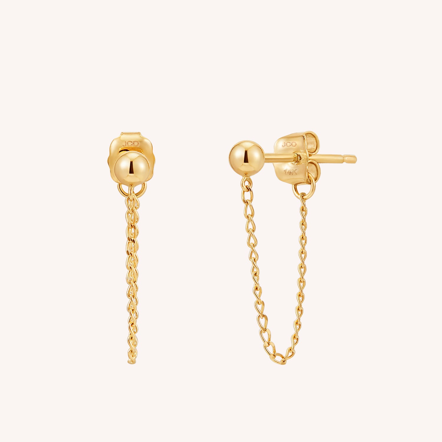 14K ソリッドイエローゴールド ボールチェーン スタッドピアス