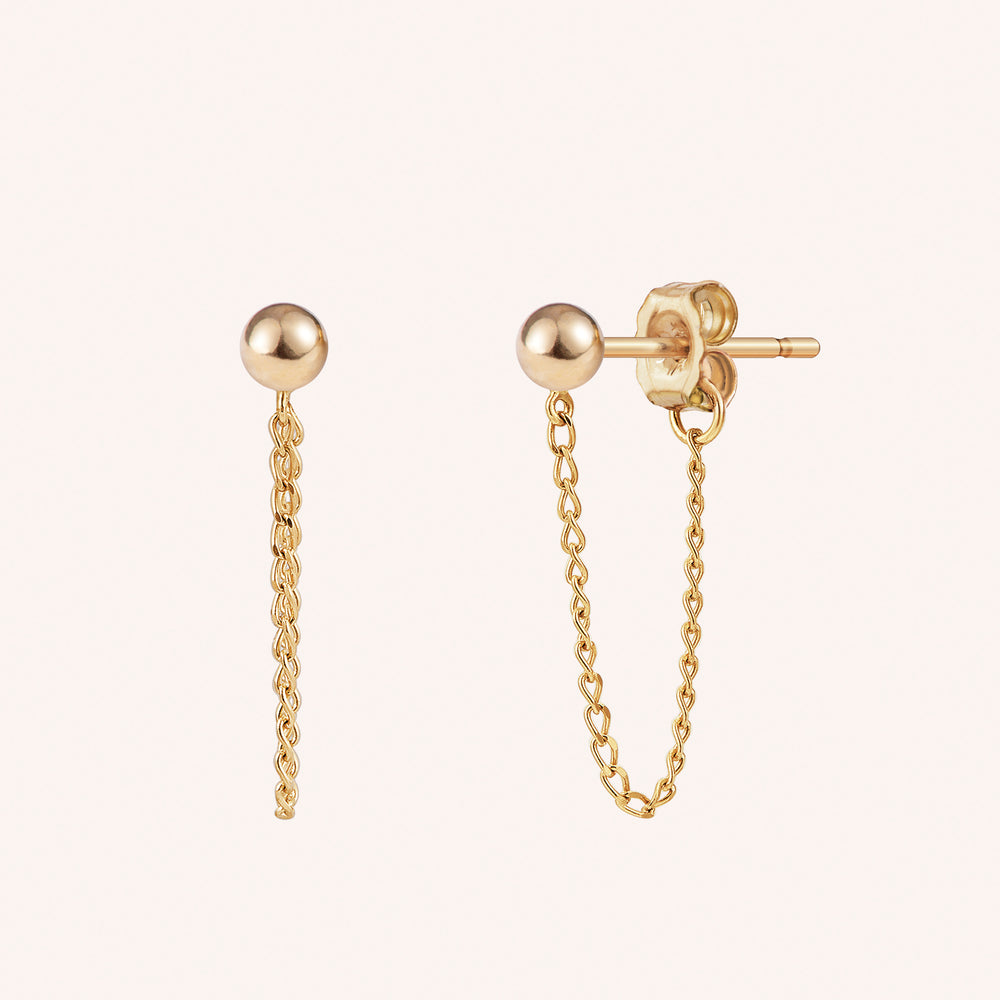 14K ソリッドイエローゴールド ボールチェーン スタッドピアス