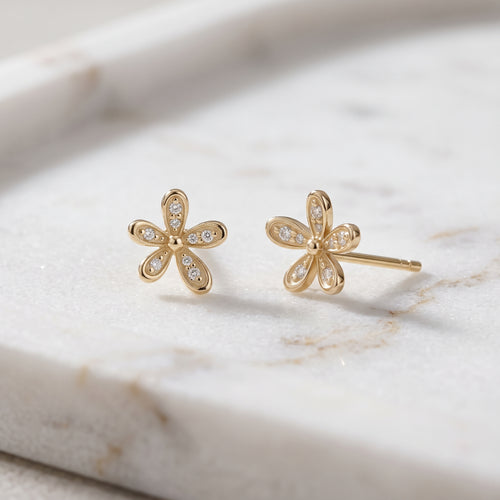 Pendientes de botón Floraison pavé de diamantes en oro macizo de 14K