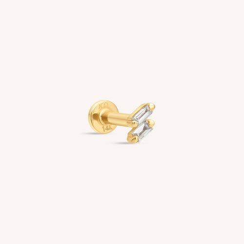 Labret Berulir Berlian Baguette Kembar Emas Padat 14K