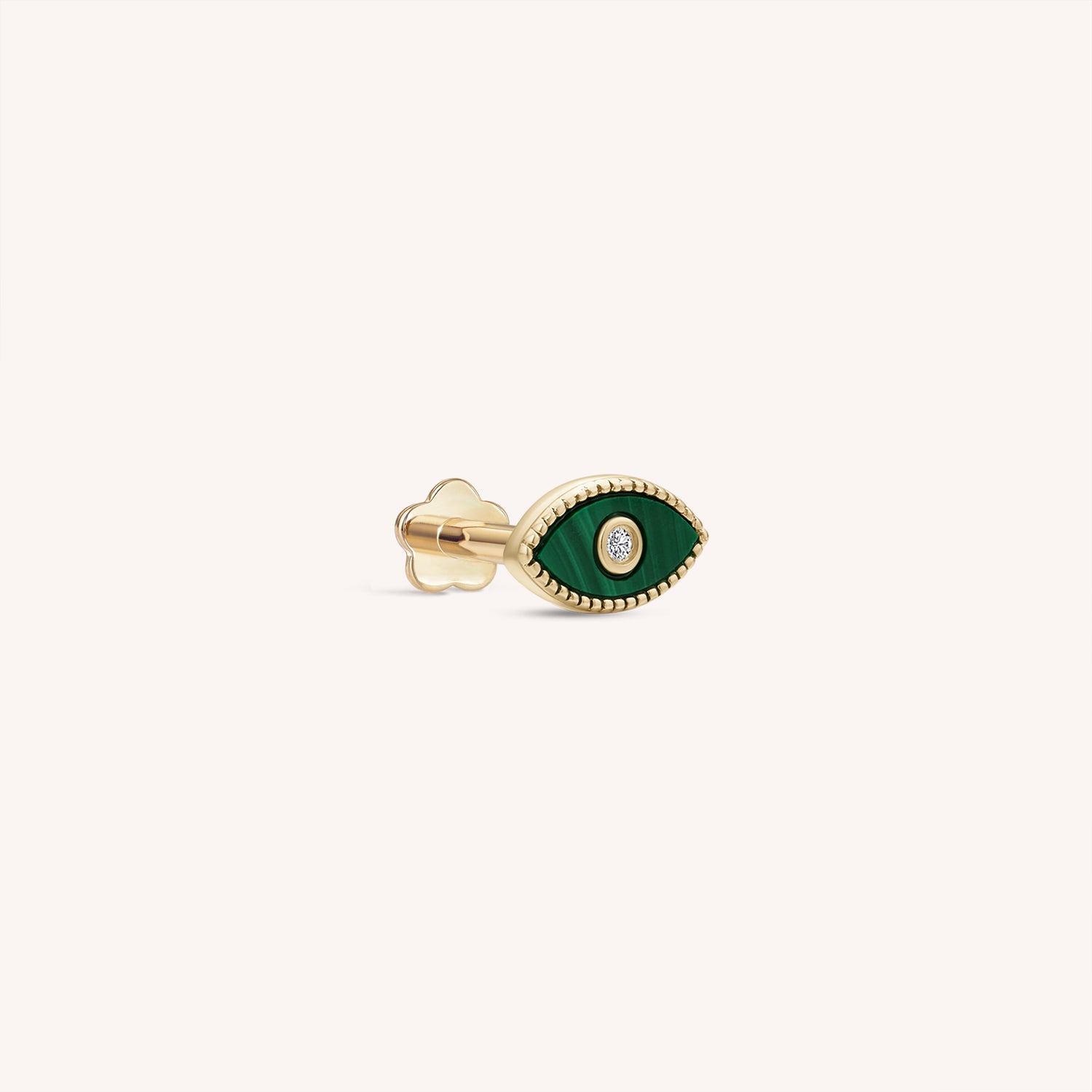 14K Massivgold Diamant Winzige Malachit Böses Auge Flachrückiger Ohrring