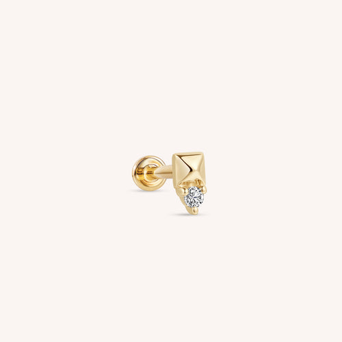 14K Solid Gold Pyramid Diamond Flatback Earring