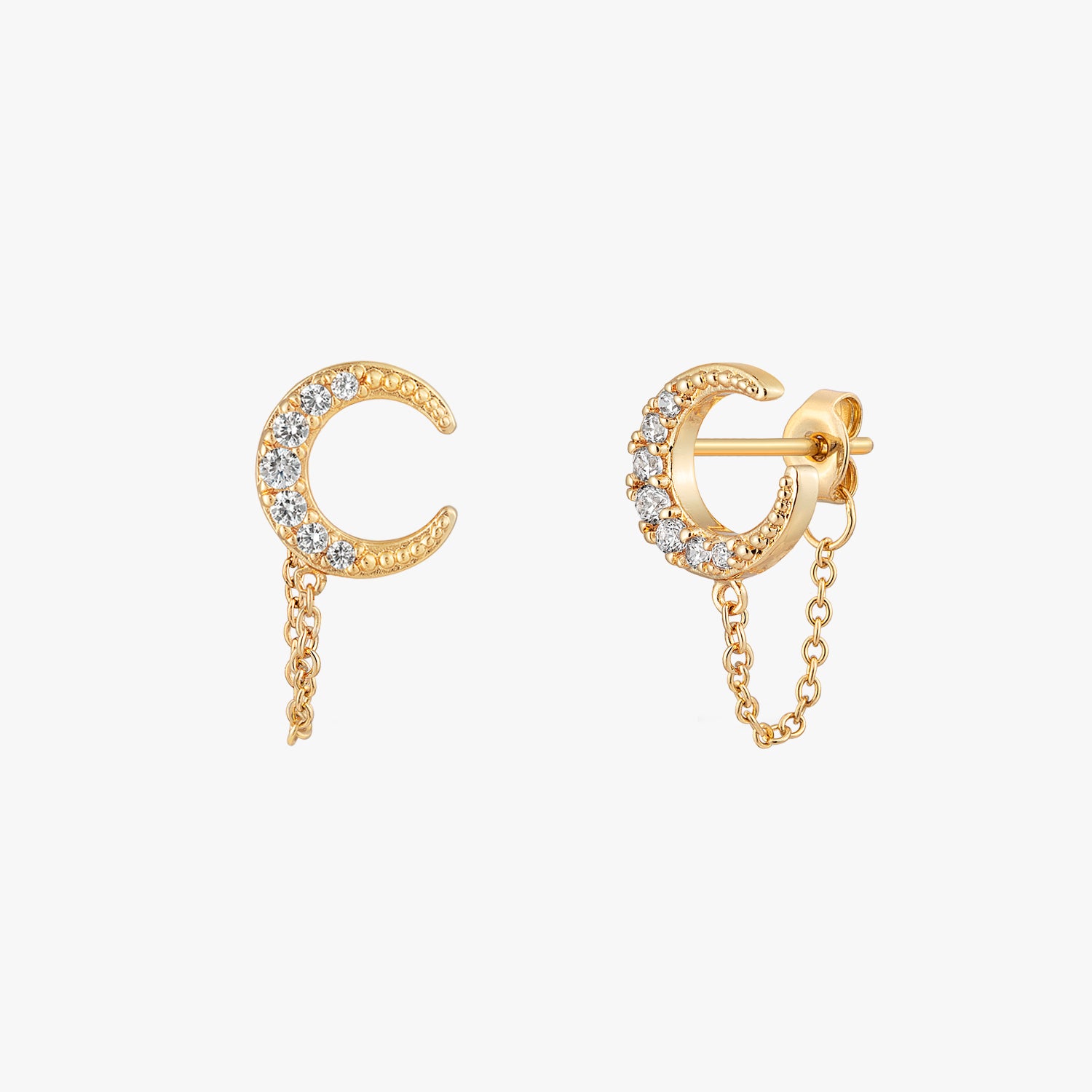 Pave Moon Chain Stud Earrings