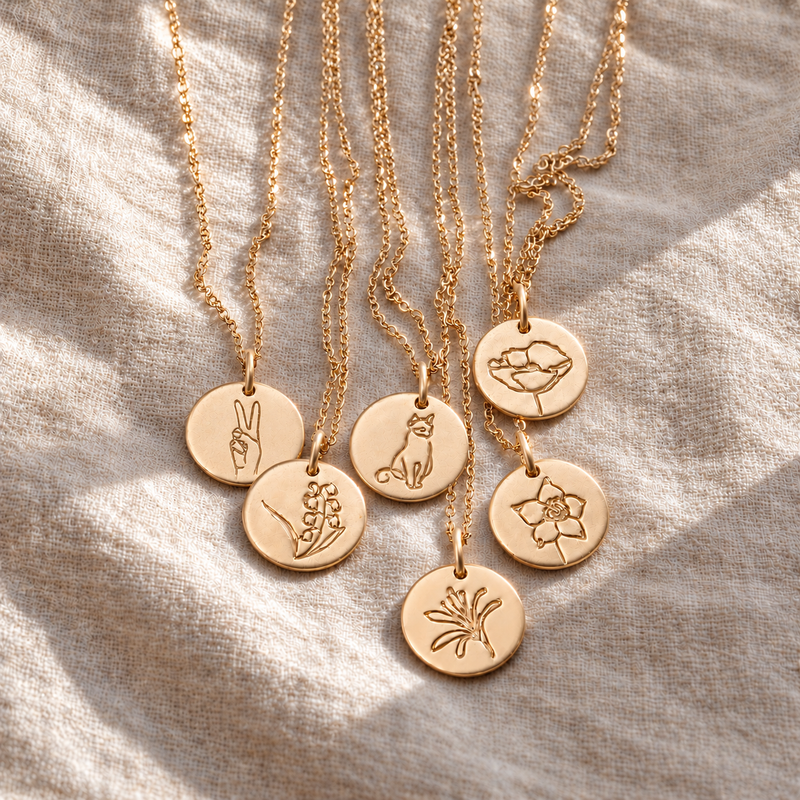 Six_engraved_champagne-gold_necklaces_on_linen