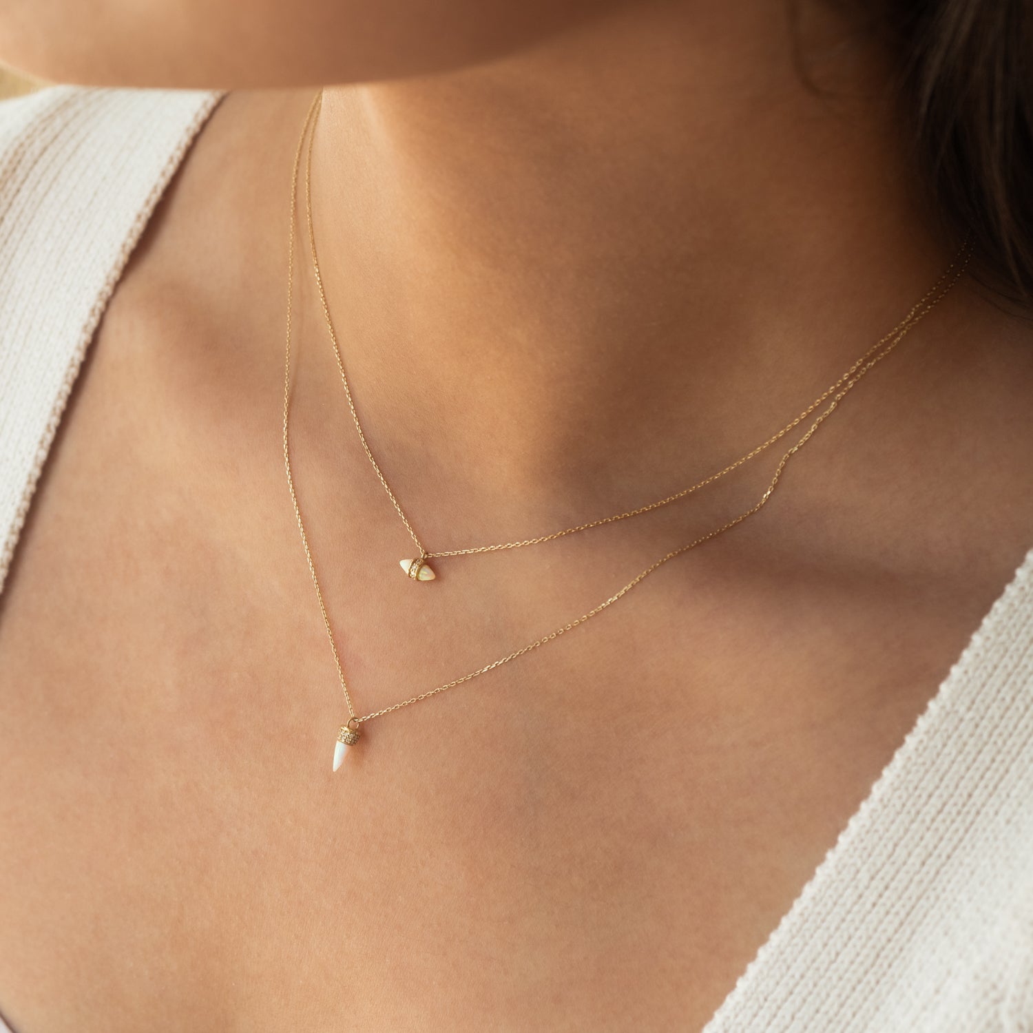 14K ソリッドゴールド オパール バレット ダイヤモンド ネックレス