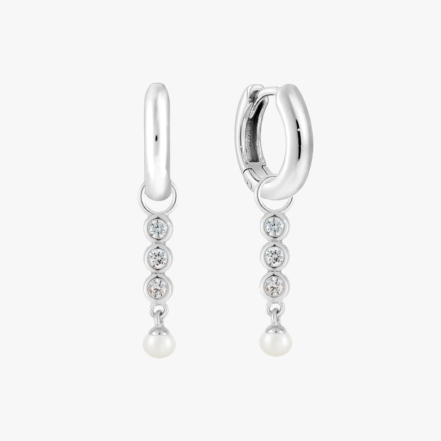 Trio CZ Pearl Charm Huggie Hoop Earrings