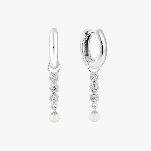 Trio CZ Pearl Charm Huggie Hoop Earrings