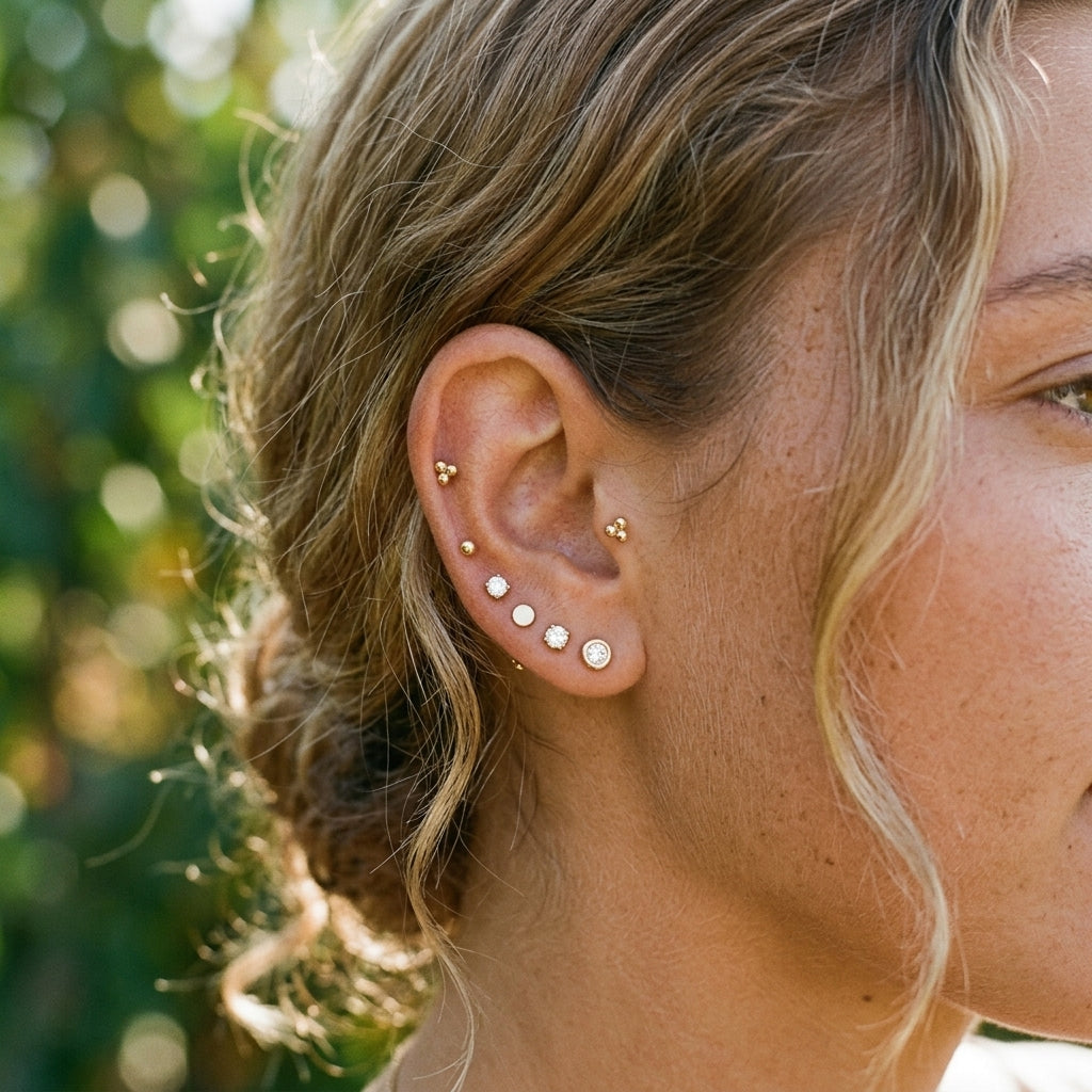 Anting Labret Berulir Cakram Datar Emas Padat 14K